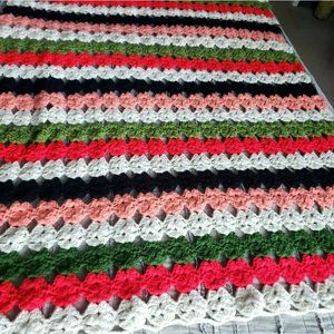 Handmade Crochet Afghan 56"×38" Throw Blanket Red/Green/Cream/Coral/Black Stripe